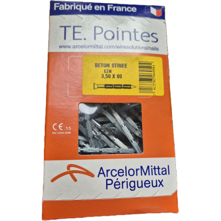 Pointe béton striée tête plate acier zingué 3.5x80mm 1KG