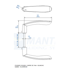 Poignée béquille double en aluminium laqué blanc, carré de 7 mm, pour tube de 30 à 60 mm. Pour serrure 957.
