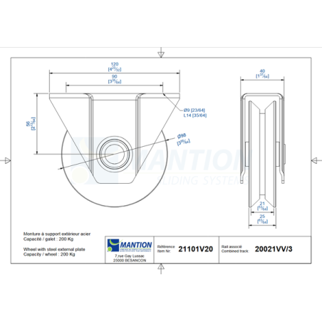 Galet support externe gorge V D.100mm 200kg