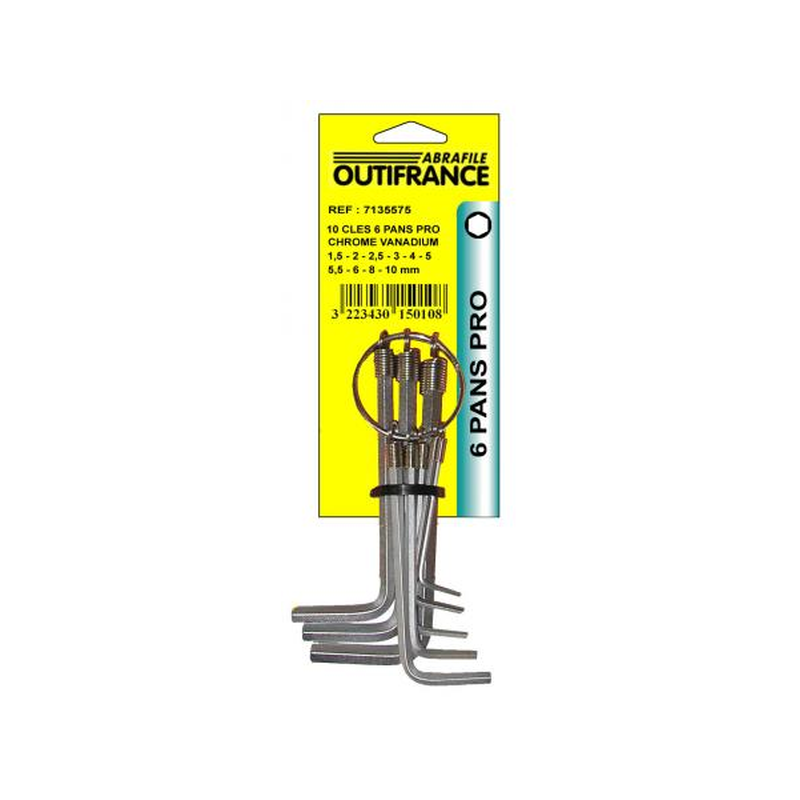 Jeu de 10 clés mâles 6 pans 1.5 - 2 - 2.5 - 3 - 4 - 5 - 5.5 - 6 - 8 - 10mm chrome vanadium