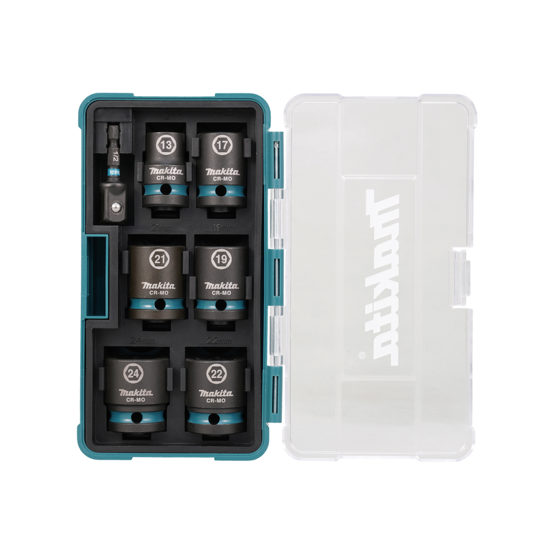 Jeu de 6 Douilles 6 pans 1/2" 13-17-19-21-22-24mm L.38mm + adaptateur 1/4" Makita