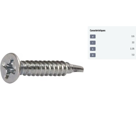 Vis autoforeuse / autoperceuse tête fraisée cruciforme acier zingué 3.5x22mm X200