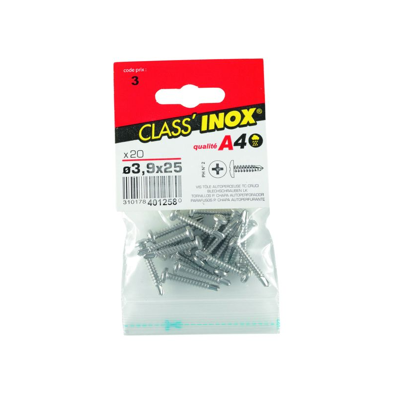Vis tôle autoforeuse / autoperceuse tête cylindrique inox a4 3.9x25mm x20