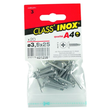 Vis tôle autoforeuse / autoperceuse tête cylindrique inox a4 3.9x25mm x20