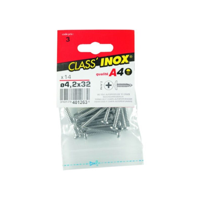 Vis tôle autoforeuse / autoperceuse tête cylindrique inox a4 4.2x32mm x14