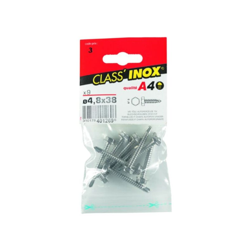 Vis tôle autoforeuse / autoperceuse tête hexagonale inox a4 4.8x38mm x9