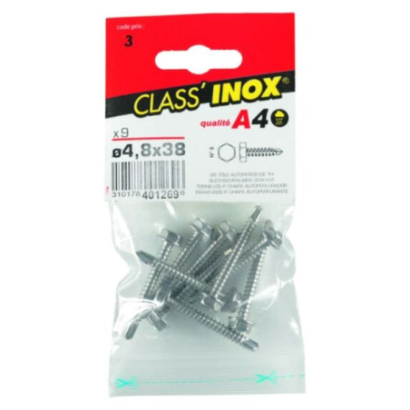 Vis tôle autoforeuse / autoperceuse tête hexagonale inox a4 4.8x38mm x9