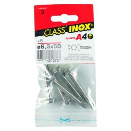 Vis tôle autoforeuse / autoperceuse tête hexagonale inox a4 6.3x50mm x5