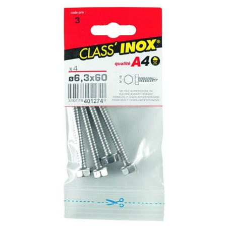 Vis tôle autoforeuse / autoperceuse tête hexagonale inox a4 6.3x60mm x4