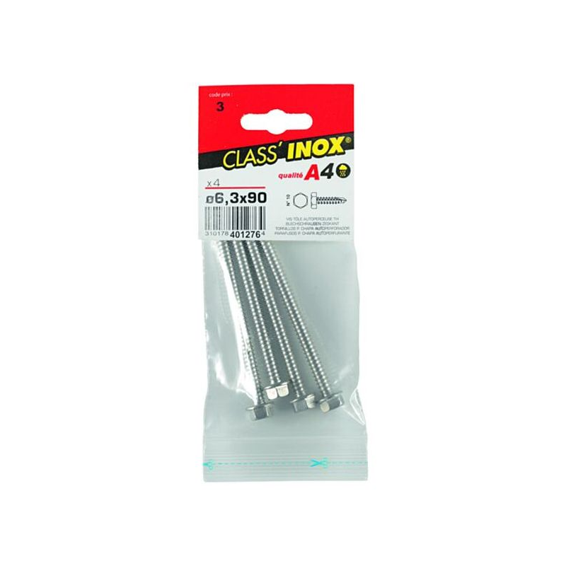 Vis tôle autoforeuse / autoperceuse tête hexagonale inox a4 6.3x90mm x4