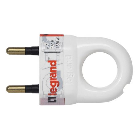 Fiche mâle plastique 6A 2p avec anneau blanc
