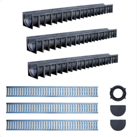 Kit caniveau 3ml 3 caniveaux et grilles 1m 12x9.2cm
