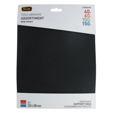 Toile abrasive émeri 230x280mm GR40 + GR60 + GR100 + GR150 x4 (1 de chaque)