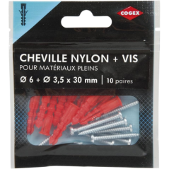 Cheville matériaux plein + vis nylon 6x30mm x10