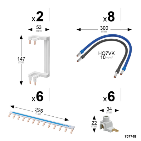 Kit de câblage 3 rangs disjoncteur à vis 6 peignes reversibles, 6 bornes de connexion, 8 câbles surmoulés