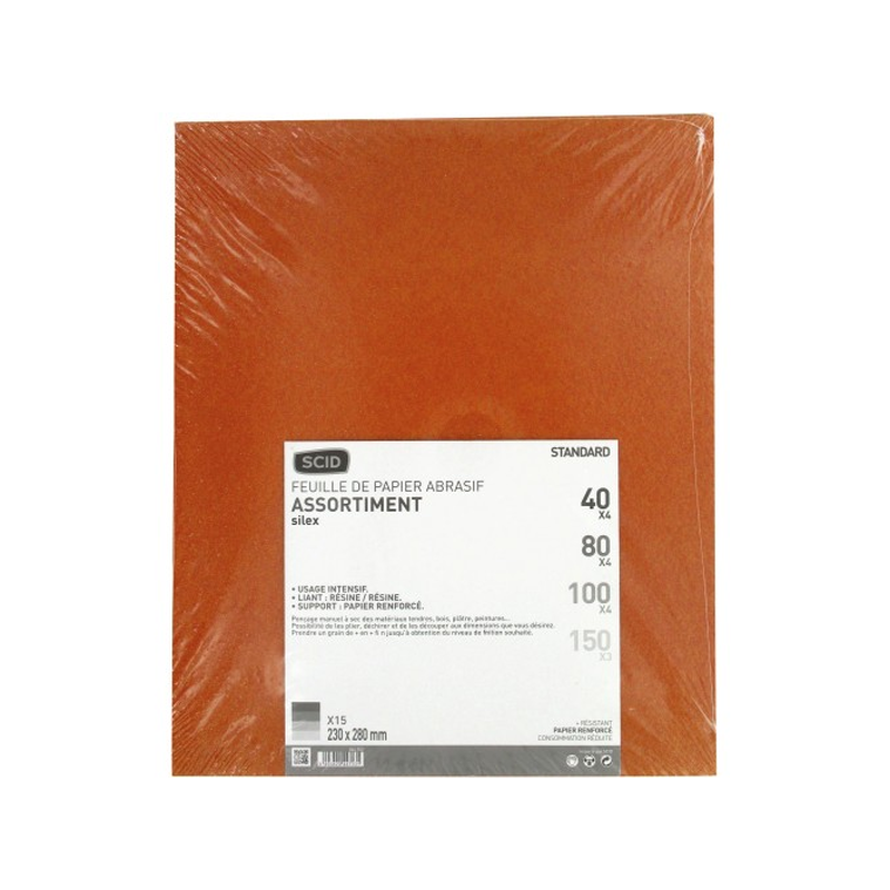 Papier abrasif 230x280mm silex GR40 + GR80 + GR100 + GR150, 15 feuilles au total