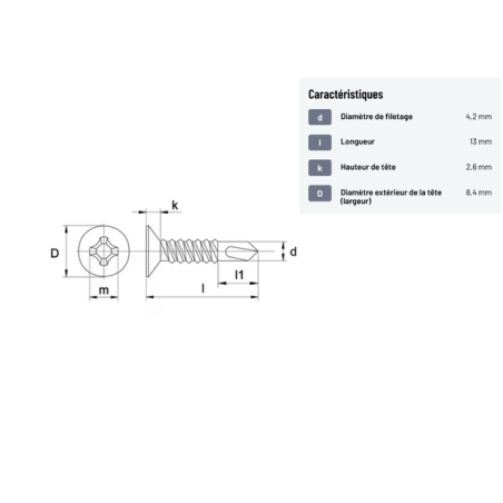 Vis autoforeuse / autoperceuse tête fraisée cruciforme acier zingué 4.2x13mm x200 PH2