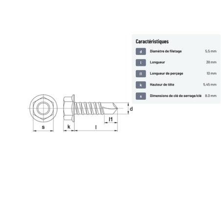 Vis autoforeuse / autoperceuse tête hexagonale acier zingué 5.5x38mm x100